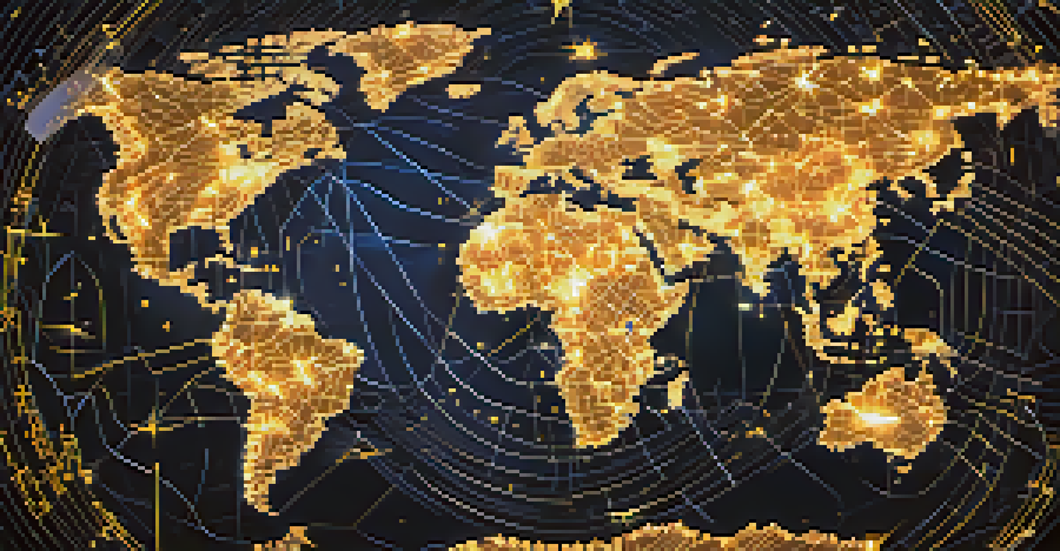 A digital map with glowing Bitcoin symbols connecting various countries, symbolizing the global reach of cryptocurrency.