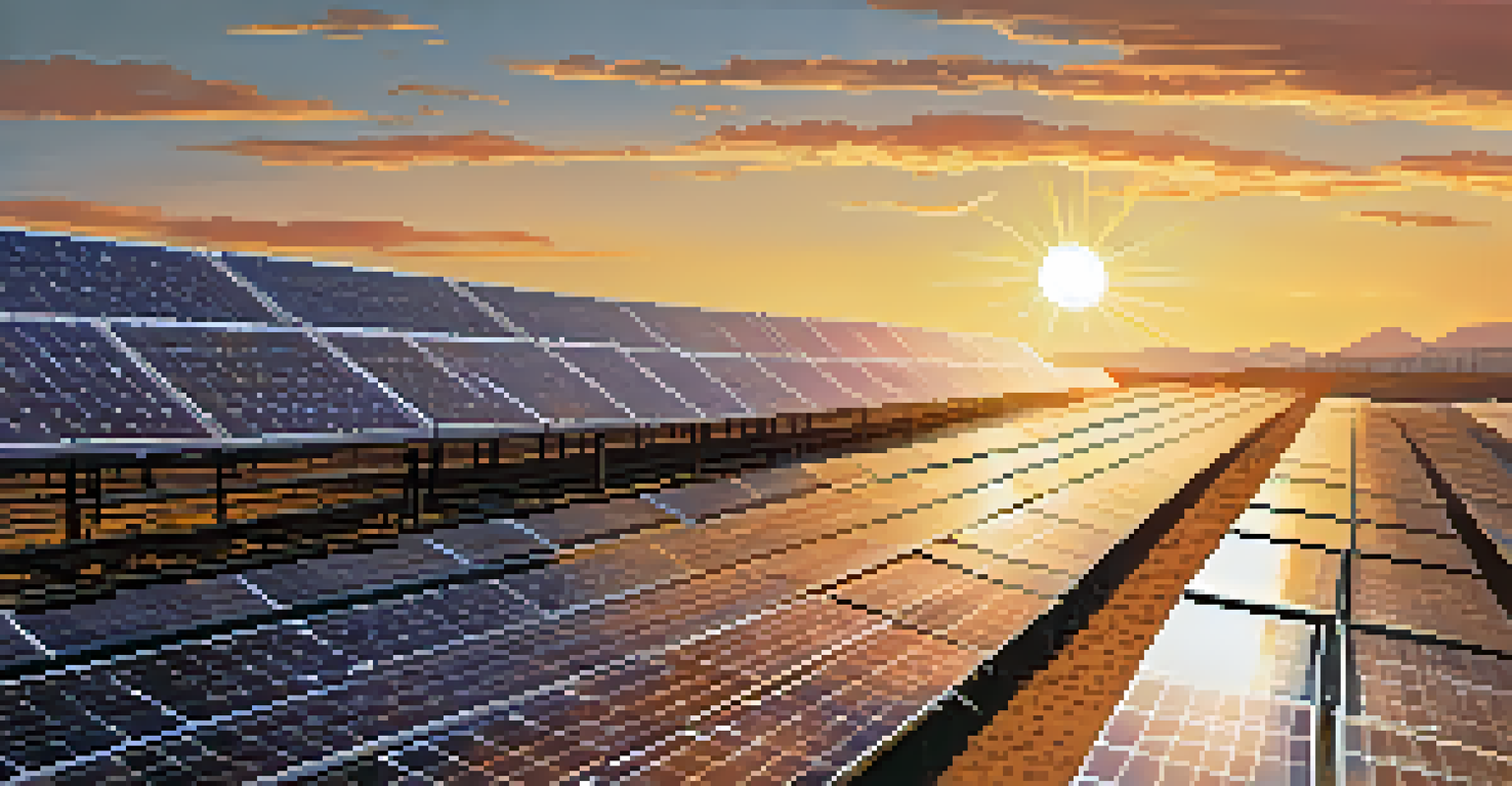 A picturesque solar-powered Bitcoin mining farm with solar panels and a modern facility during sunset.