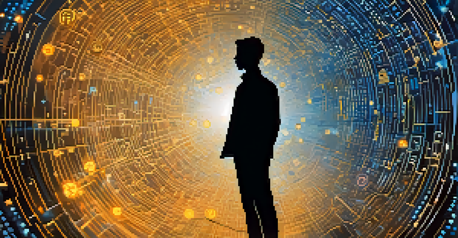 An abstract image of a silhouette surrounded by binary code and cryptocurrency symbols on a blue background.