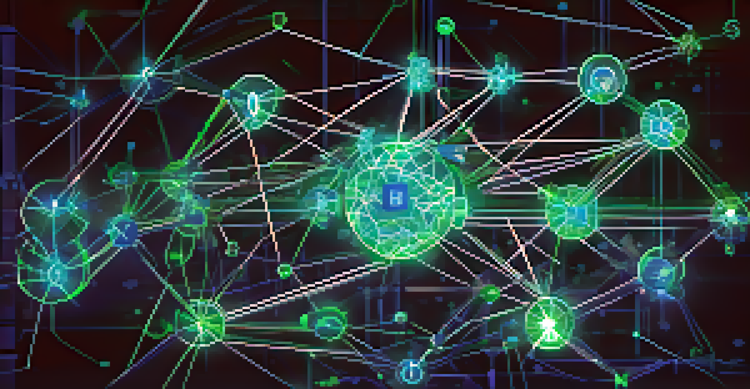 A futuristic digital visualization of a blockchain network with glowing nodes and data flow against a dark background.