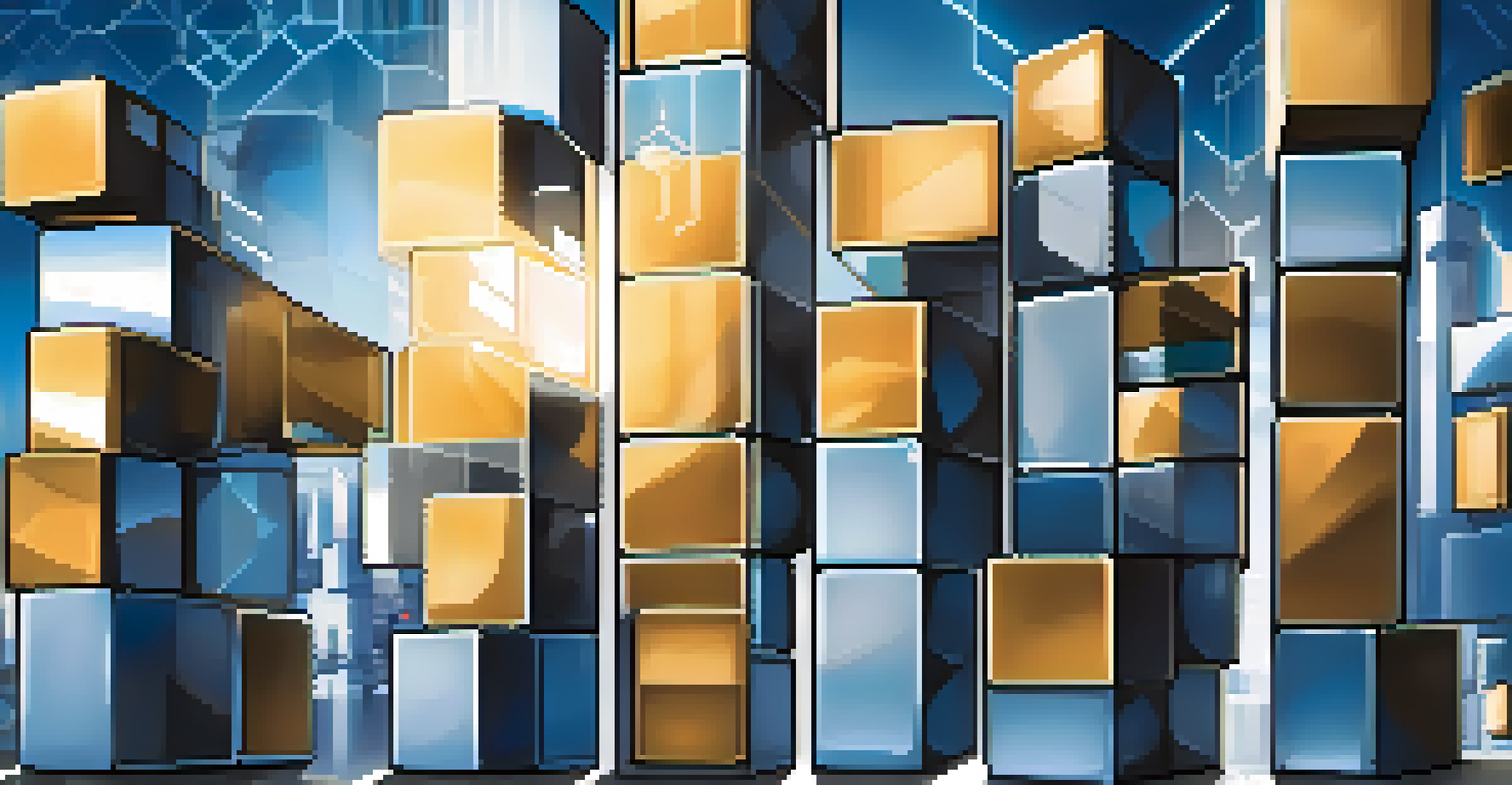 An interconnected series of digital blocks representing blockchain technology amid a city skyline.