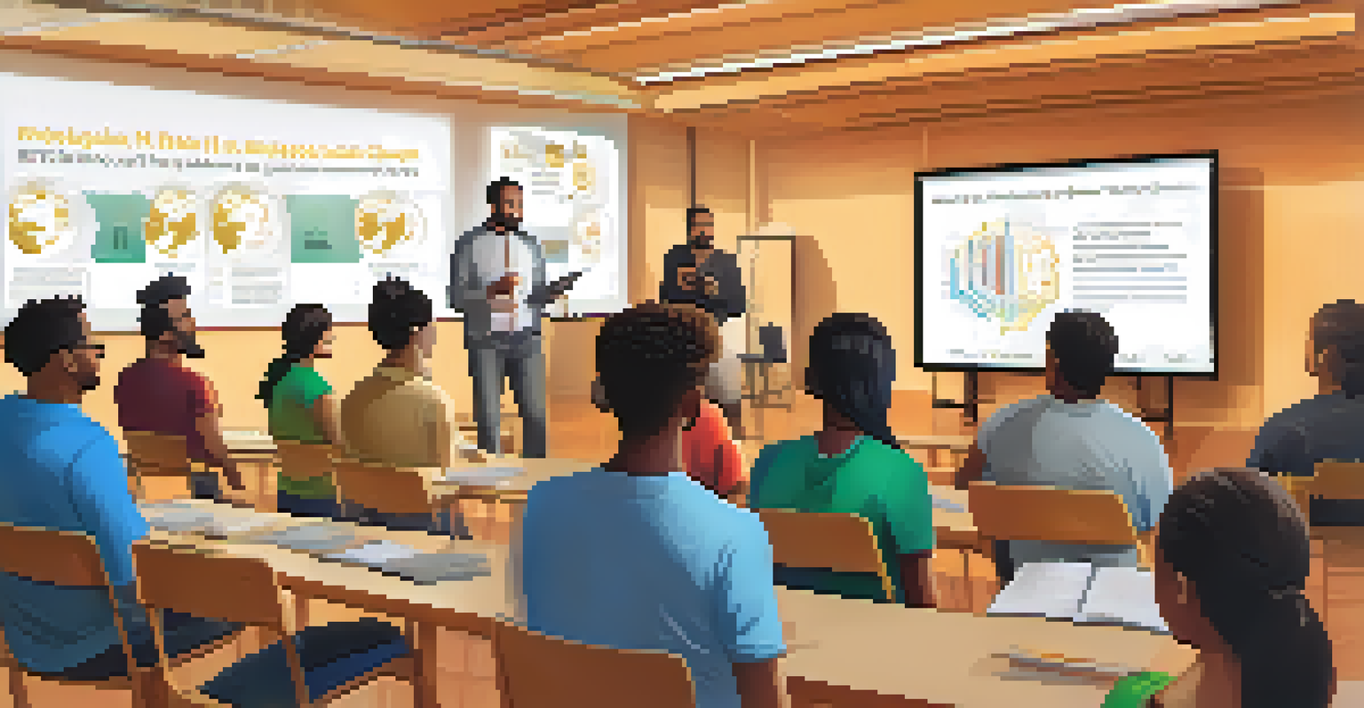 A community workshop with people learning about Bitcoin, featuring a presenter and informative graphics on a screen.