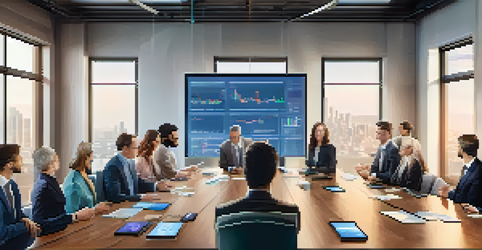 A diverse group of professionals discussing Bitcoin regulations at a conference table with charts on a screen.