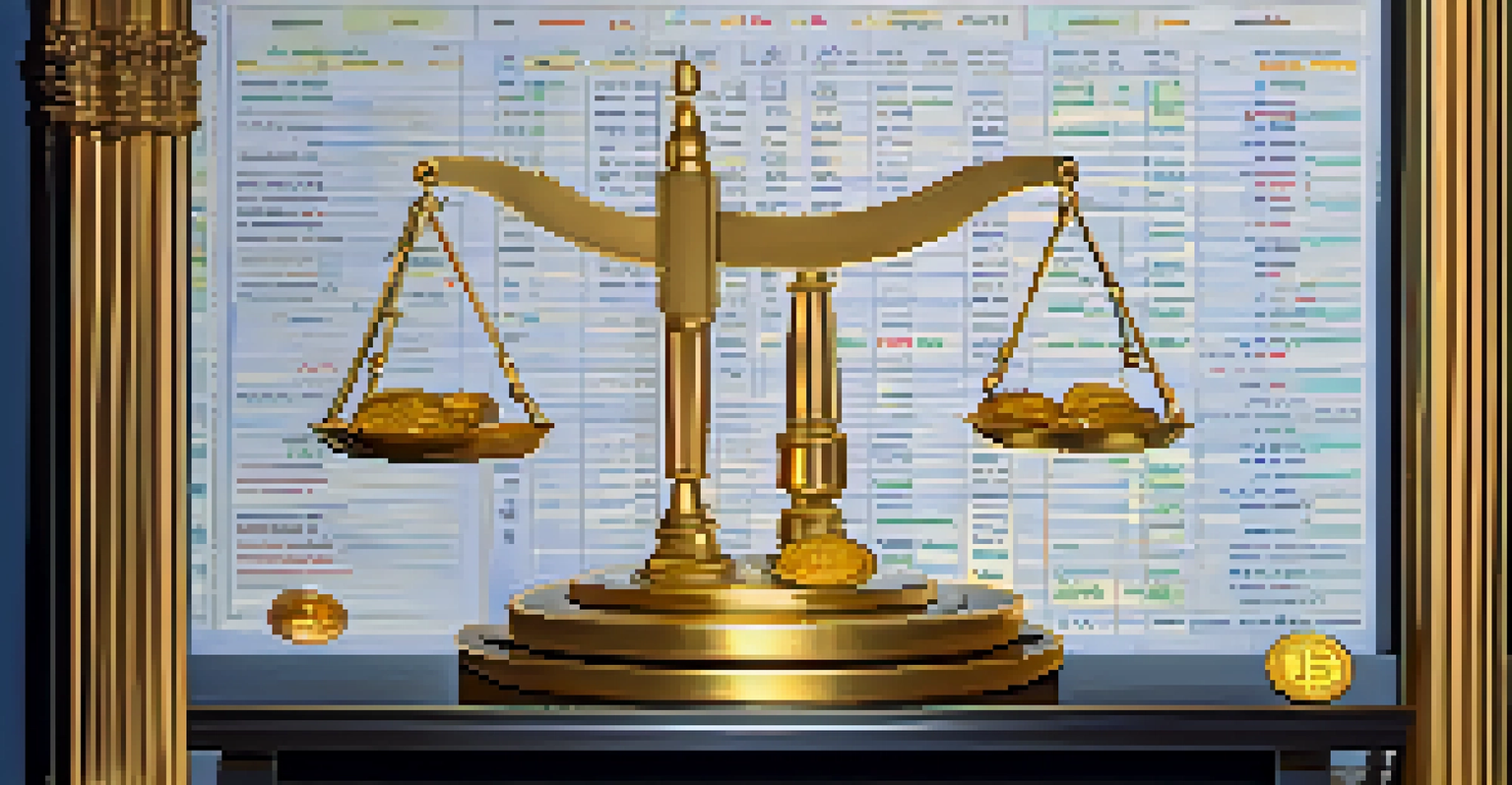 A balance scale with Bitcoin on one side and gold coins on the other, against a stock market chart background.