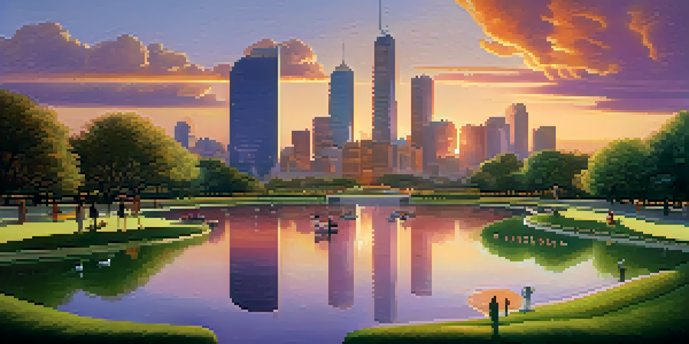 A futuristic city skyline at sunset with glass buildings, a green park, people walking, and ducks in a pond.