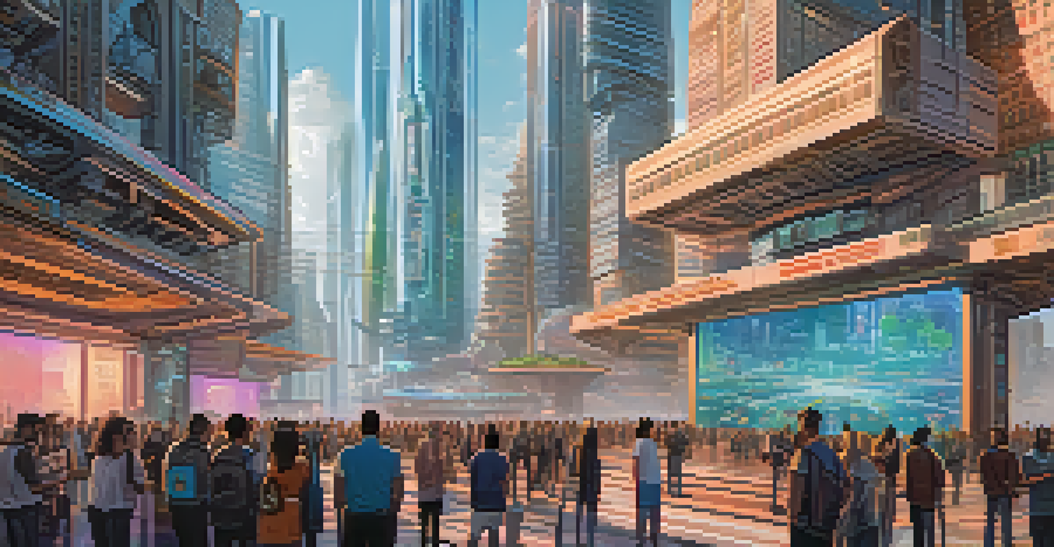 A futuristic cityscape with buildings shaped like Bitcoin symbols, featuring drones and holographic screens for voting, representing decentralized organizations.
