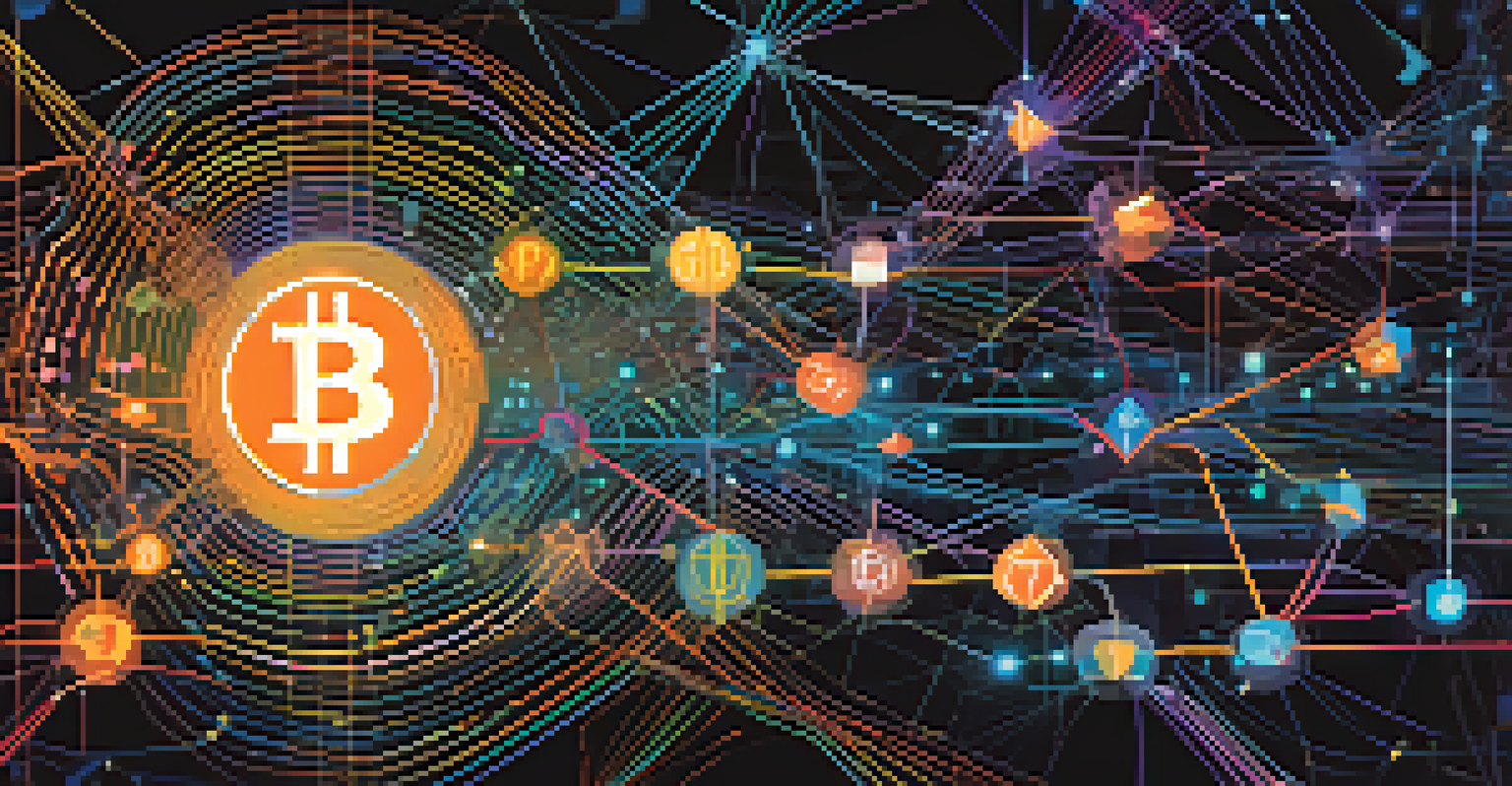 An abstract illustration of the Bitcoin blockchain with glowing nodes and connections, set against a dark background.