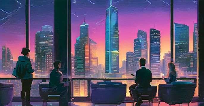 A modern skyline at twilight with buildings displaying Bitcoin symbols, people using digital devices.