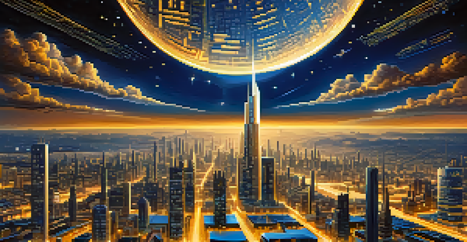 A futuristic city skyline with glowing Bitcoin symbols and blockchain motifs against a starry blue sky.