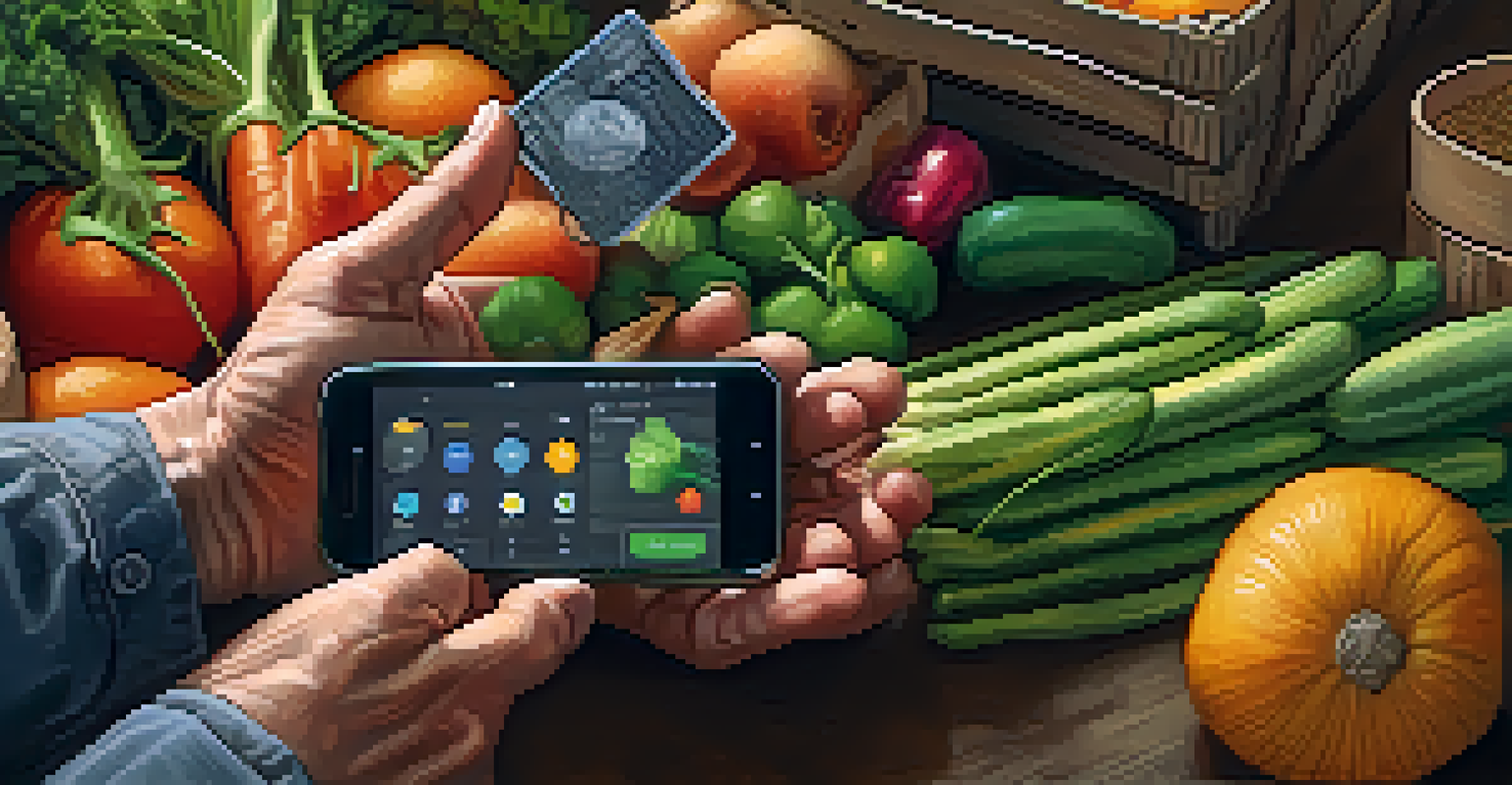 A close-up of a farmer's hands with fresh produce and a smartphone showing a Bitcoin transaction, highlighting agricultural effort.