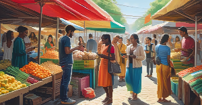 A diverse group of people in an outdoor market using smartphones for digital currency transactions, with colorful stalls around them.