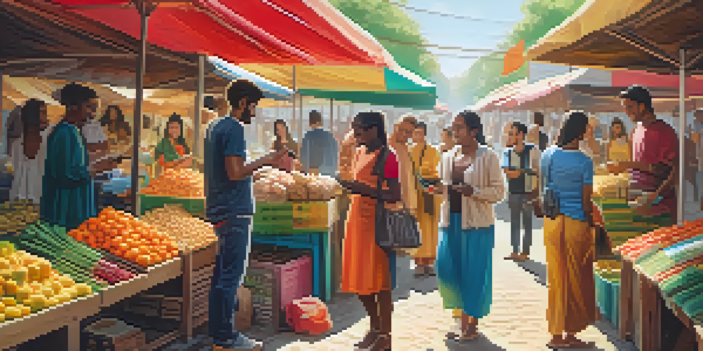 A diverse group of people in an outdoor market using smartphones for digital currency transactions, with colorful stalls around them.