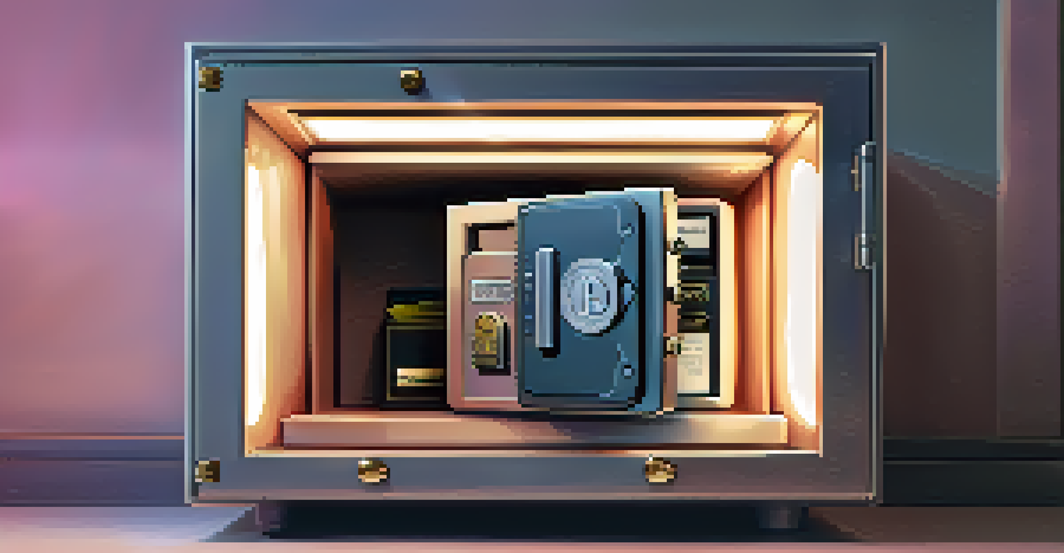 An air-gapped wallet stored inside an open safe, illuminated by a bright light, with high-tech security devices in a dimly lit room.