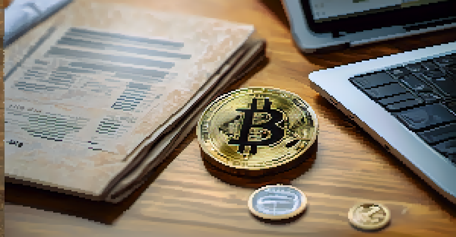 A close-up of a physical Bitcoin on a wooden table with financial documents and a laptop, illuminated by soft natural light.