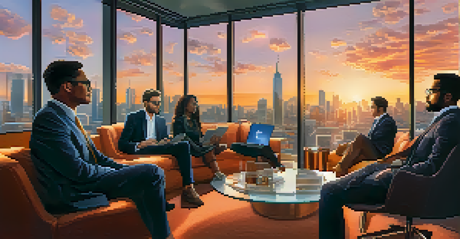 A diverse group of investors discussing Bitcoin in a modern office with a city skyline in the background.