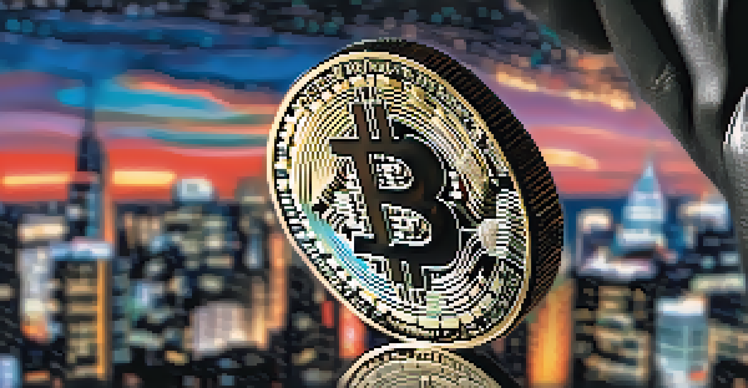 A close-up of a hand holding a Bitcoin with a blurred financial district in the background.