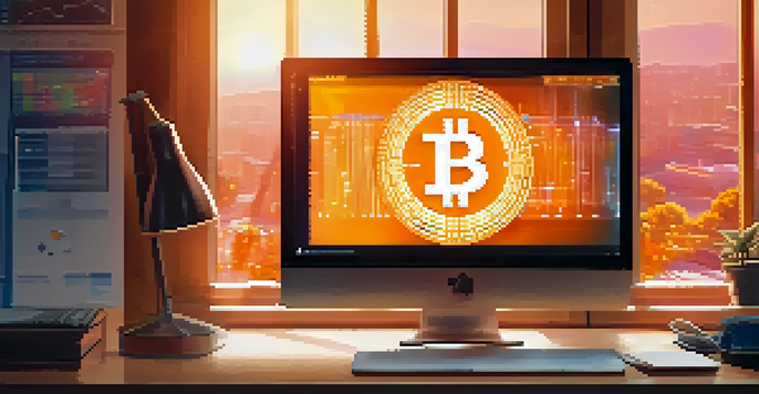 A computer screen showing a Bitcoin wallet interface with vibrant graphics, set in a modern office with natural light.