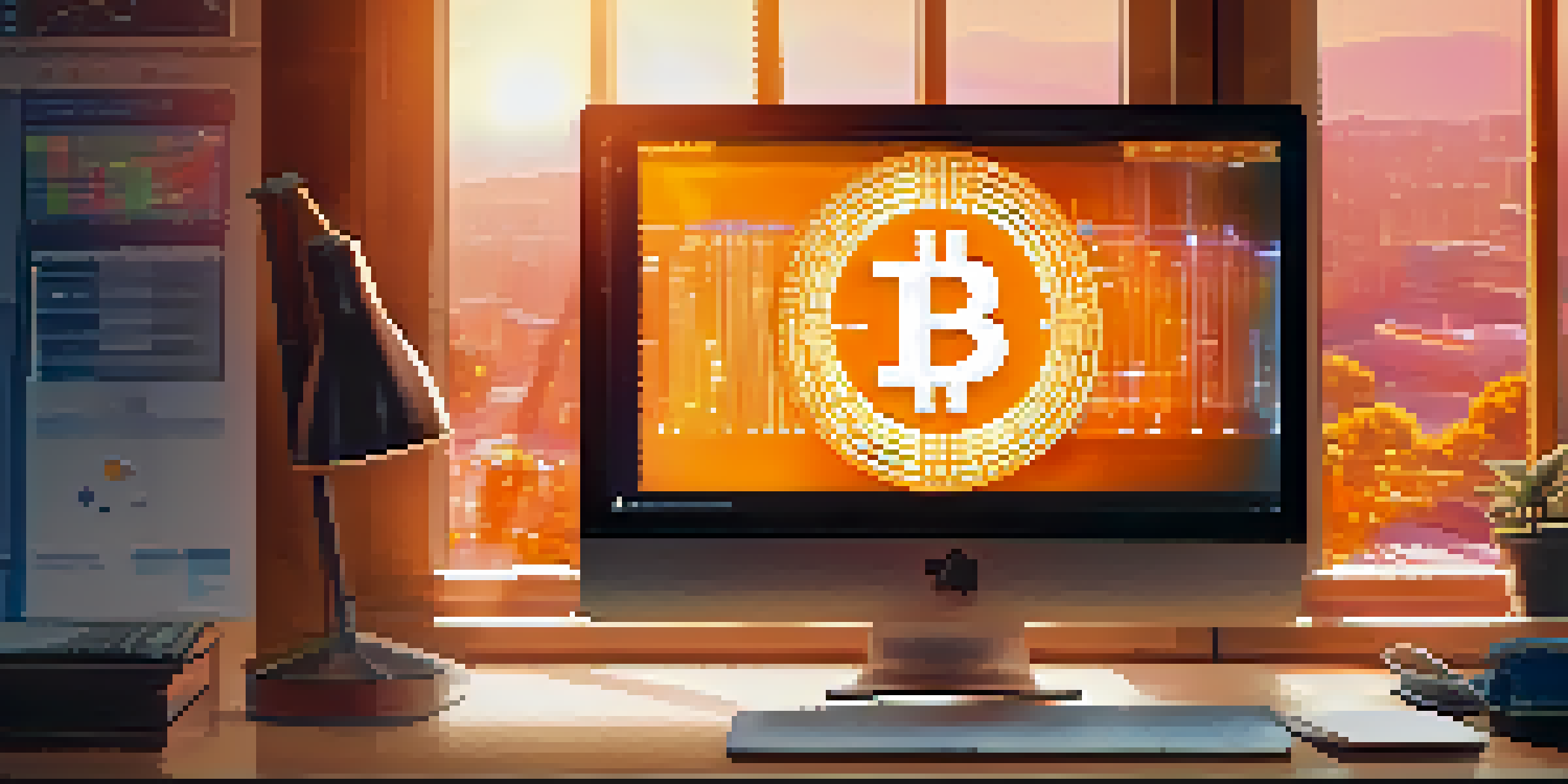 A computer screen showing a Bitcoin wallet interface with vibrant graphics, set in a modern office with natural light.