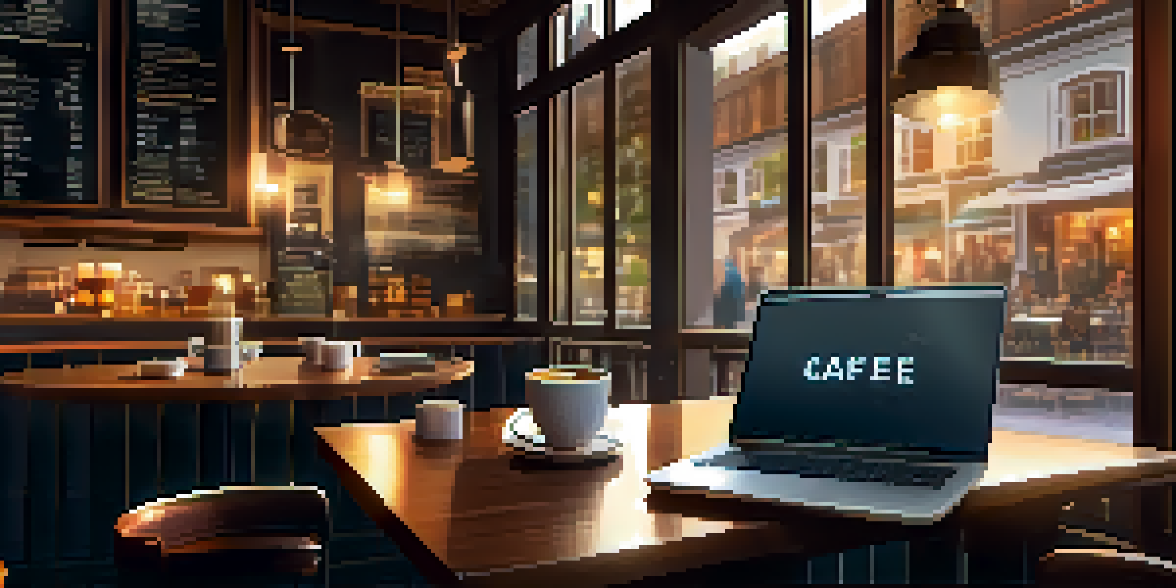 A warm and inviting cafe with a laptop displaying a cryptocurrency wallet, a cup of coffee, and cozy decor.