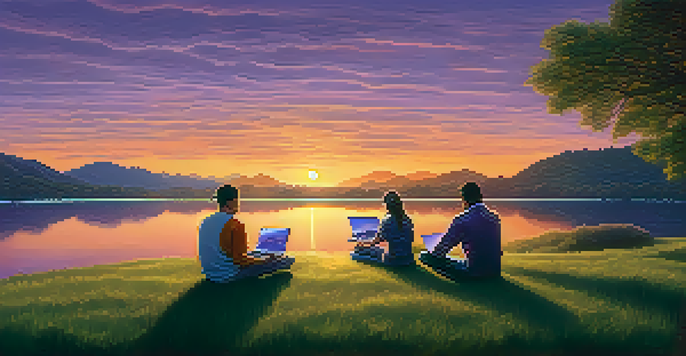 A peaceful landscape showing investors analyzing Bitcoin on laptops by a calm lake during sunset.