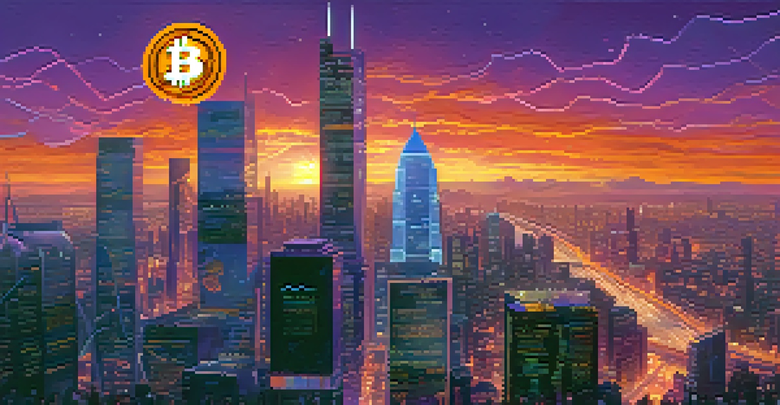 A futuristic city skyline at dusk with people using smartphones and screens displaying Bitcoin prices.