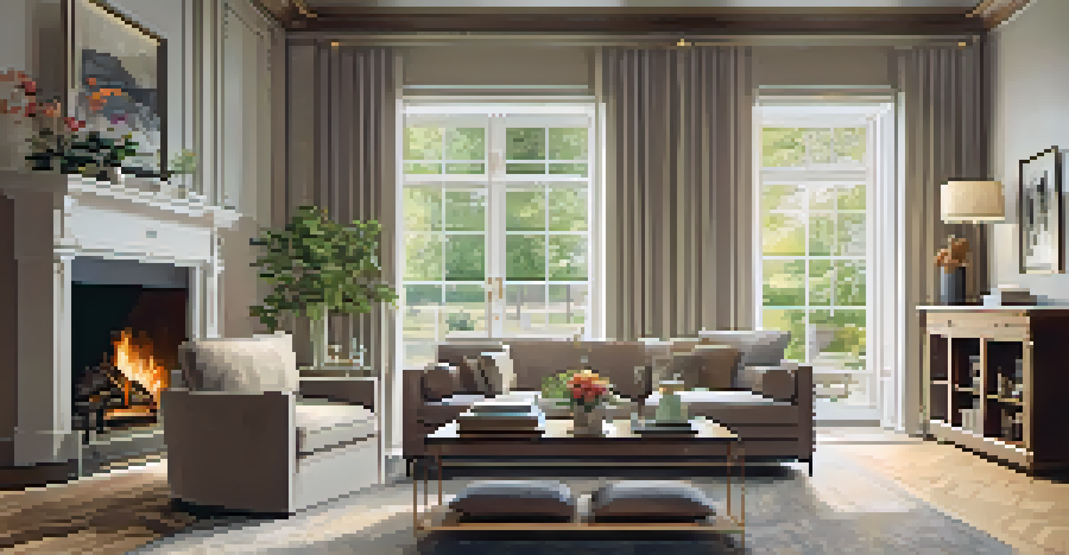 A cozy living room with a fireplace, plush furniture, and a view of a garden through a large window, illuminated by soft lighting.