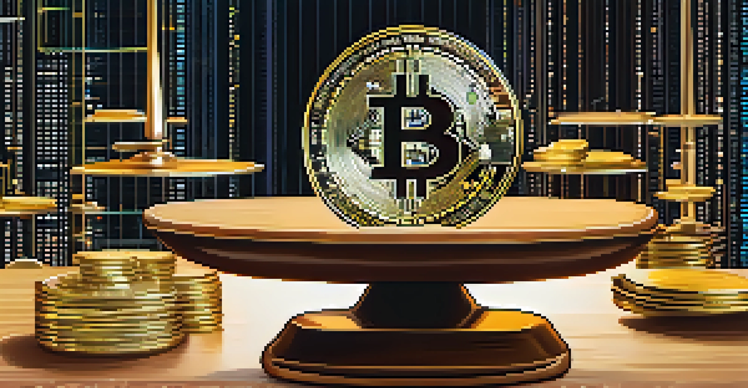 An artistic balance scale showing Bitcoin and various cryptocurrencies against a digital blockchain background.