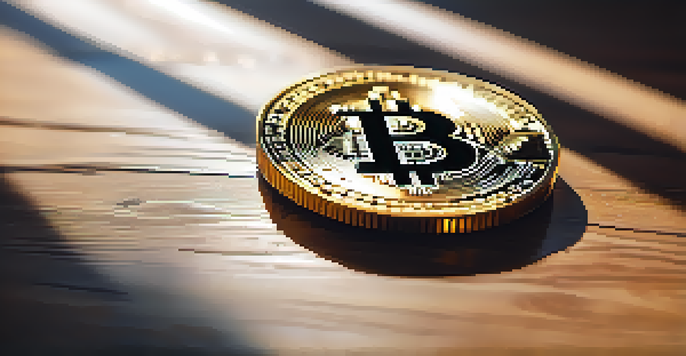 A Bitcoin coin on a wooden table with sunlight highlighting its details, set against a blurred background of a modern bank.