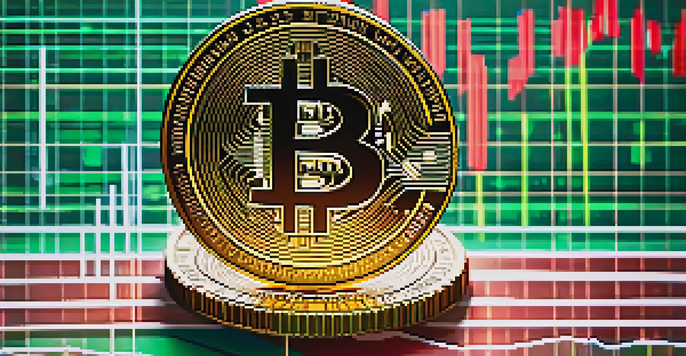 A Bitcoin coin illuminated softly on a stock market chart with green and red candlestick patterns in the background.