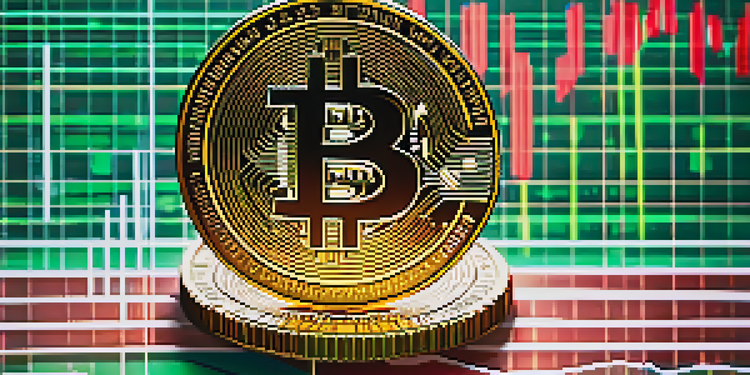 A Bitcoin coin illuminated softly on a stock market chart with green and red candlestick patterns in the background.