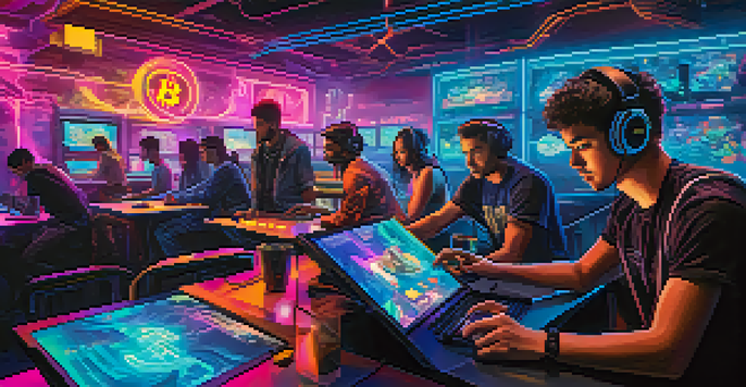 A colorful and dynamic gaming setup featuring players focused on their screens, with Bitcoin symbols in the background.