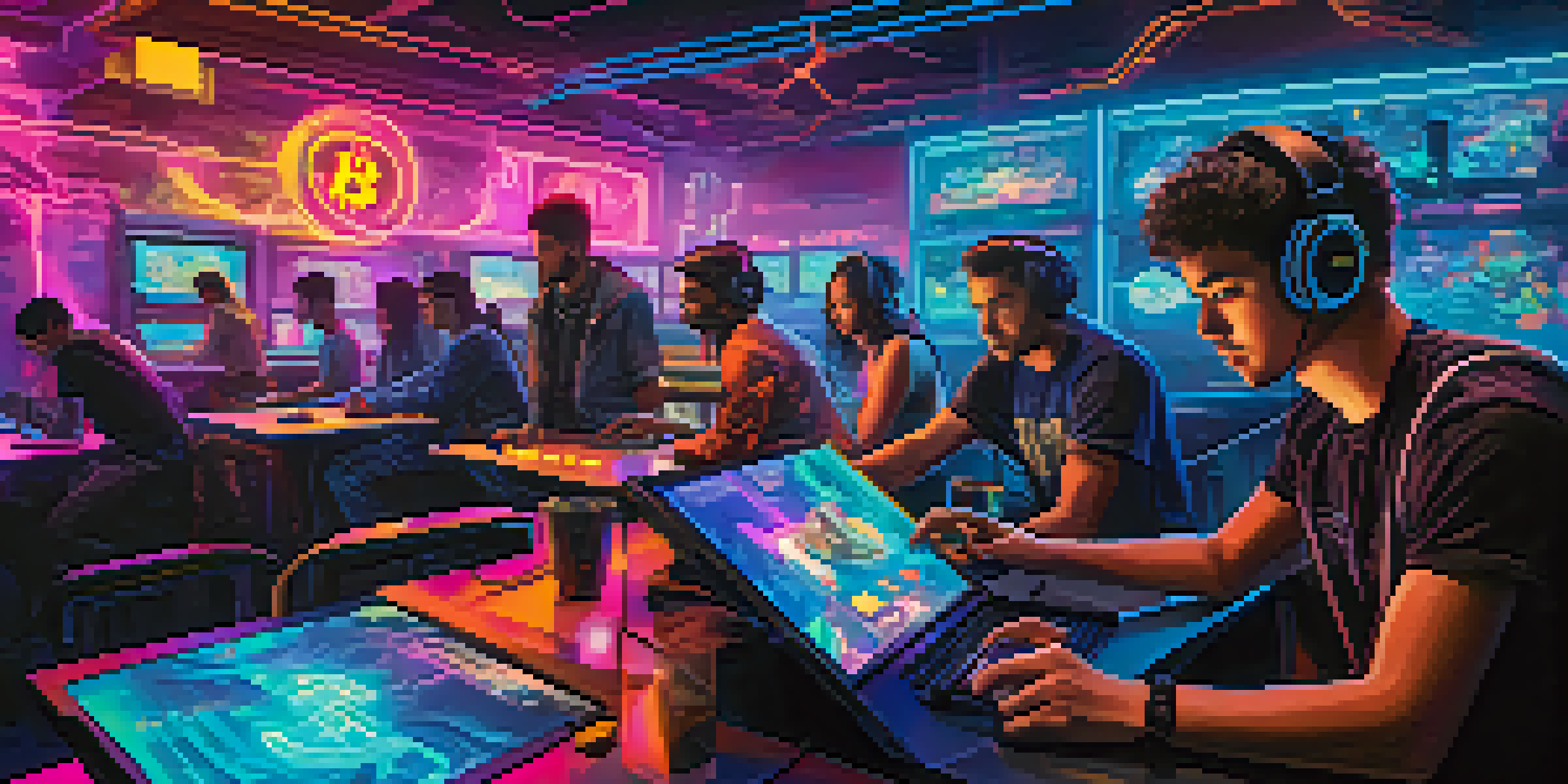 A colorful and dynamic gaming setup featuring players focused on their screens, with Bitcoin symbols in the background.