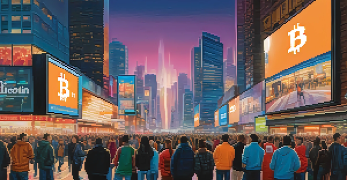 A vibrant city scene with people gathered around a digital billboard displaying the Bitcoin logo, surrounded by illuminated skyscrapers at twilight.