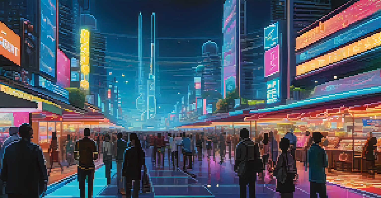 A futuristic city marketplace with people using digital devices for transactions under neon lights.