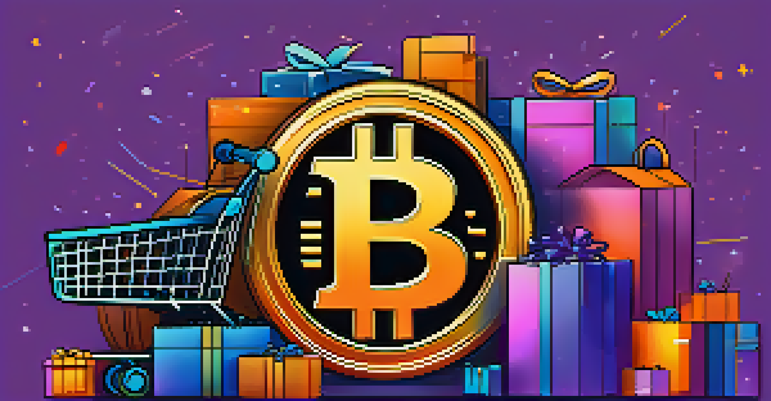 A glowing golden Bitcoin coin surrounded by shopping icons like carts and gift boxes against a deep blue and purple background.
