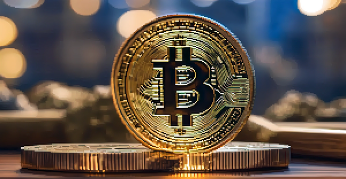 A shiny Bitcoin coin on a wooden table, illuminated by warm lighting, with a blurred background.