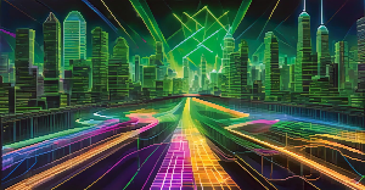 An abstract image showing two colorful digital streams diverging, representing different cryptocurrencies.