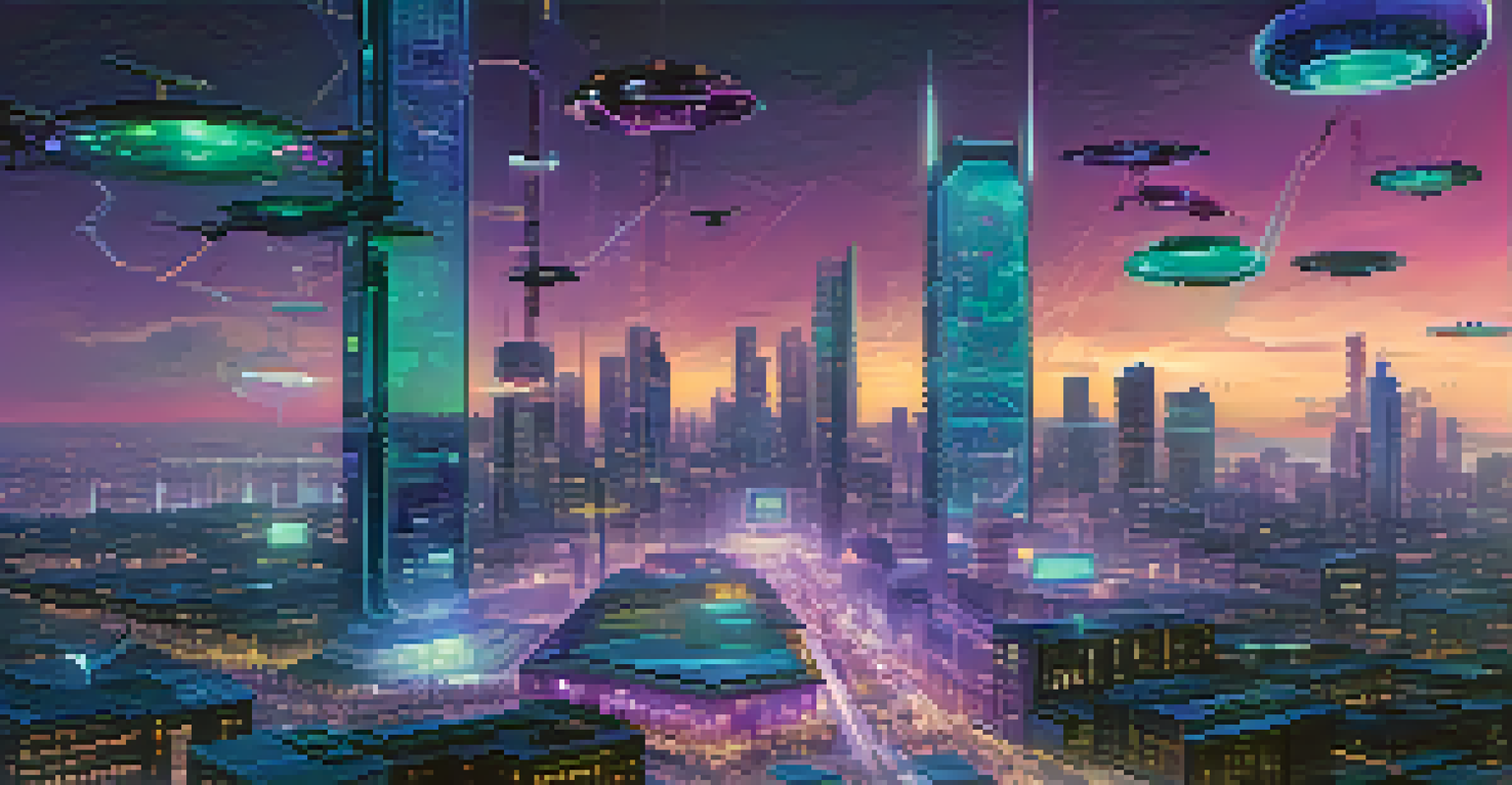A futuristic cityscape at dusk with buildings displaying blockchain information and drones flying above.
