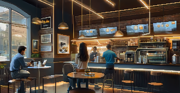 A customer in a modern coffee shop paying with Bitcoin on a digital device, with a barista in the background.