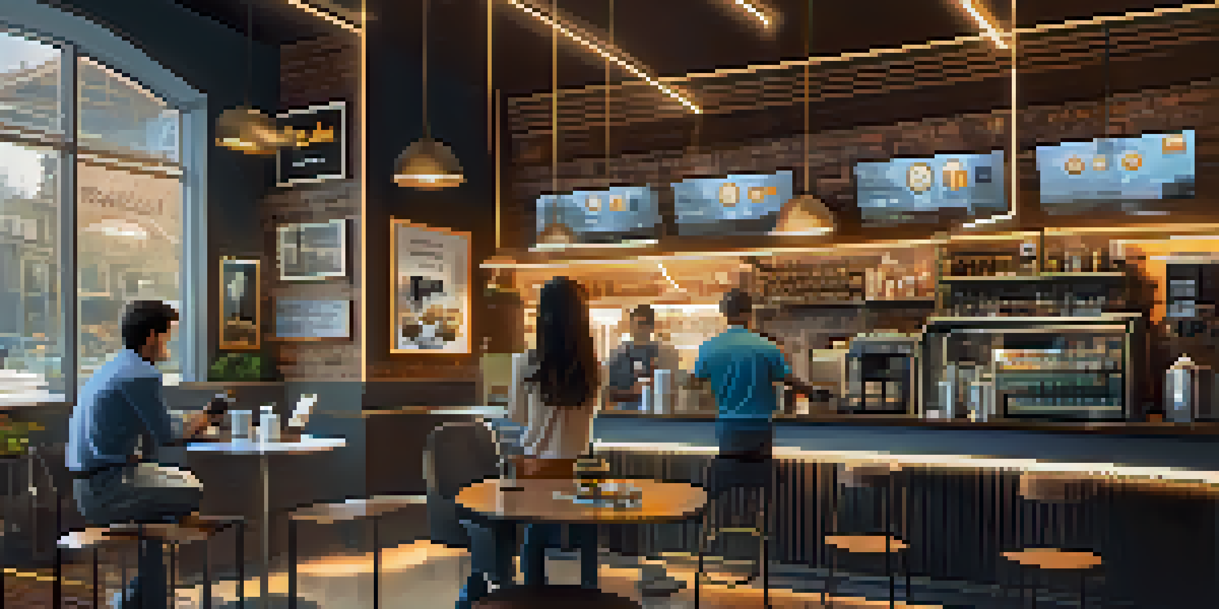 A customer in a modern coffee shop paying with Bitcoin on a digital device, with a barista in the background.