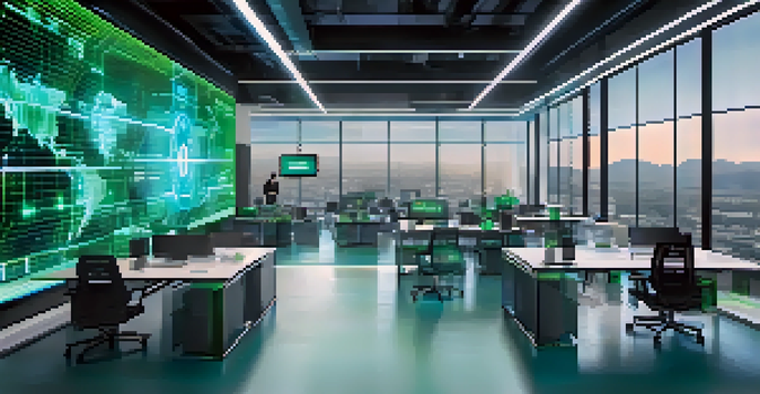 A modern office with a digital screen showing Bitcoin transactions, featuring employees collaborating around a table.