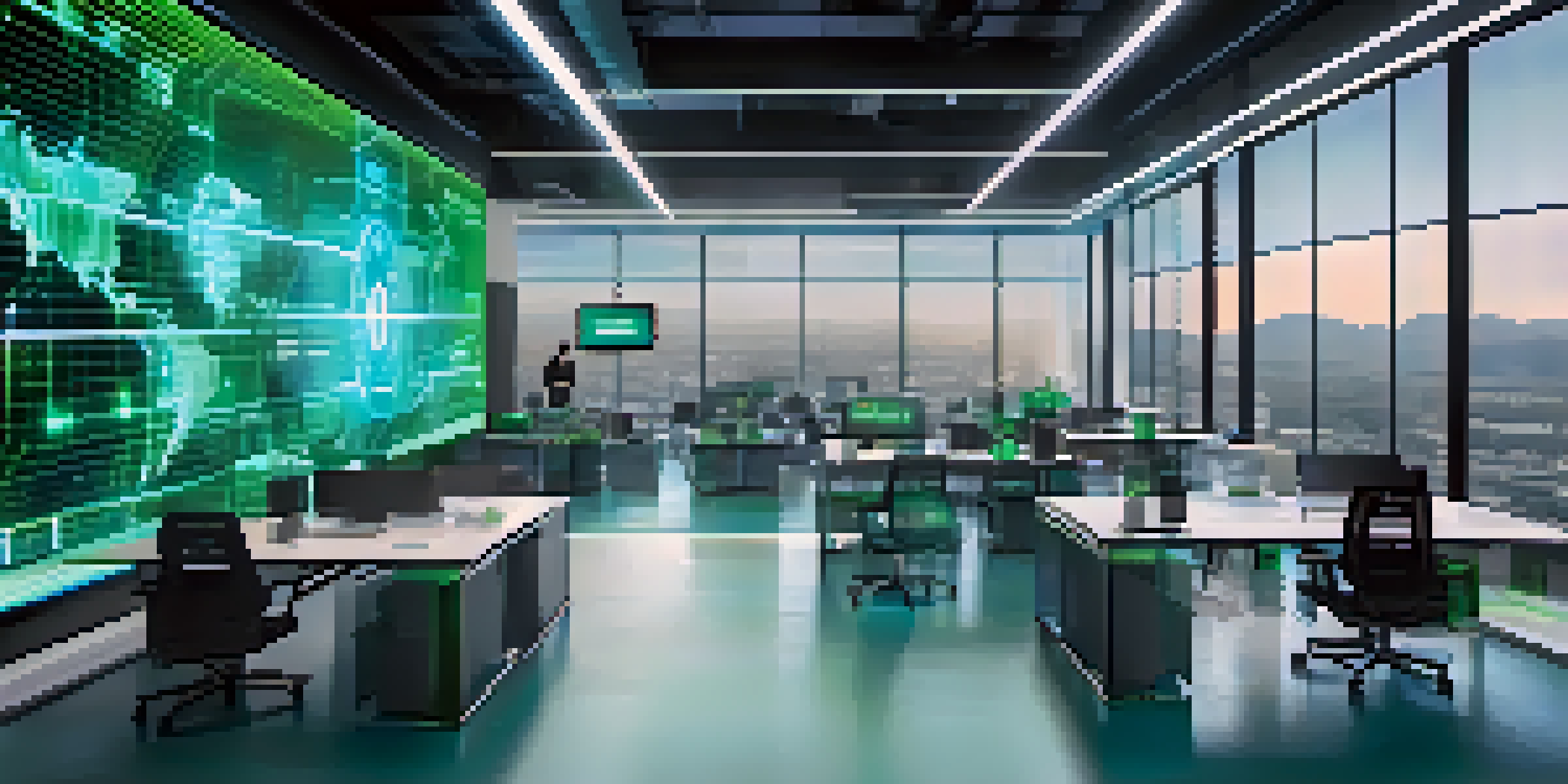 A modern office with a digital screen showing Bitcoin transactions, featuring employees collaborating around a table.