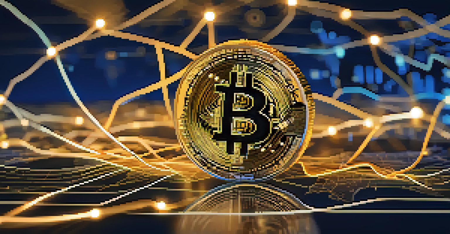 A glowing golden Bitcoin coin above a global map, representing digital currency and international trade.