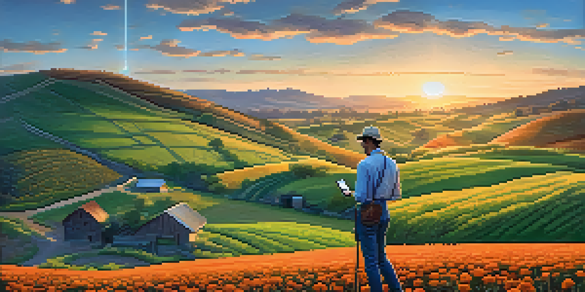A farmer in a rural landscape at sunset, using a smartphone to engage with cryptocurrency, with rolling hills and vibrant wildflowers in the background.