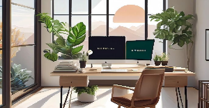A modern home office with a desk, laptop, and houseplants, illuminated by natural light from a window.