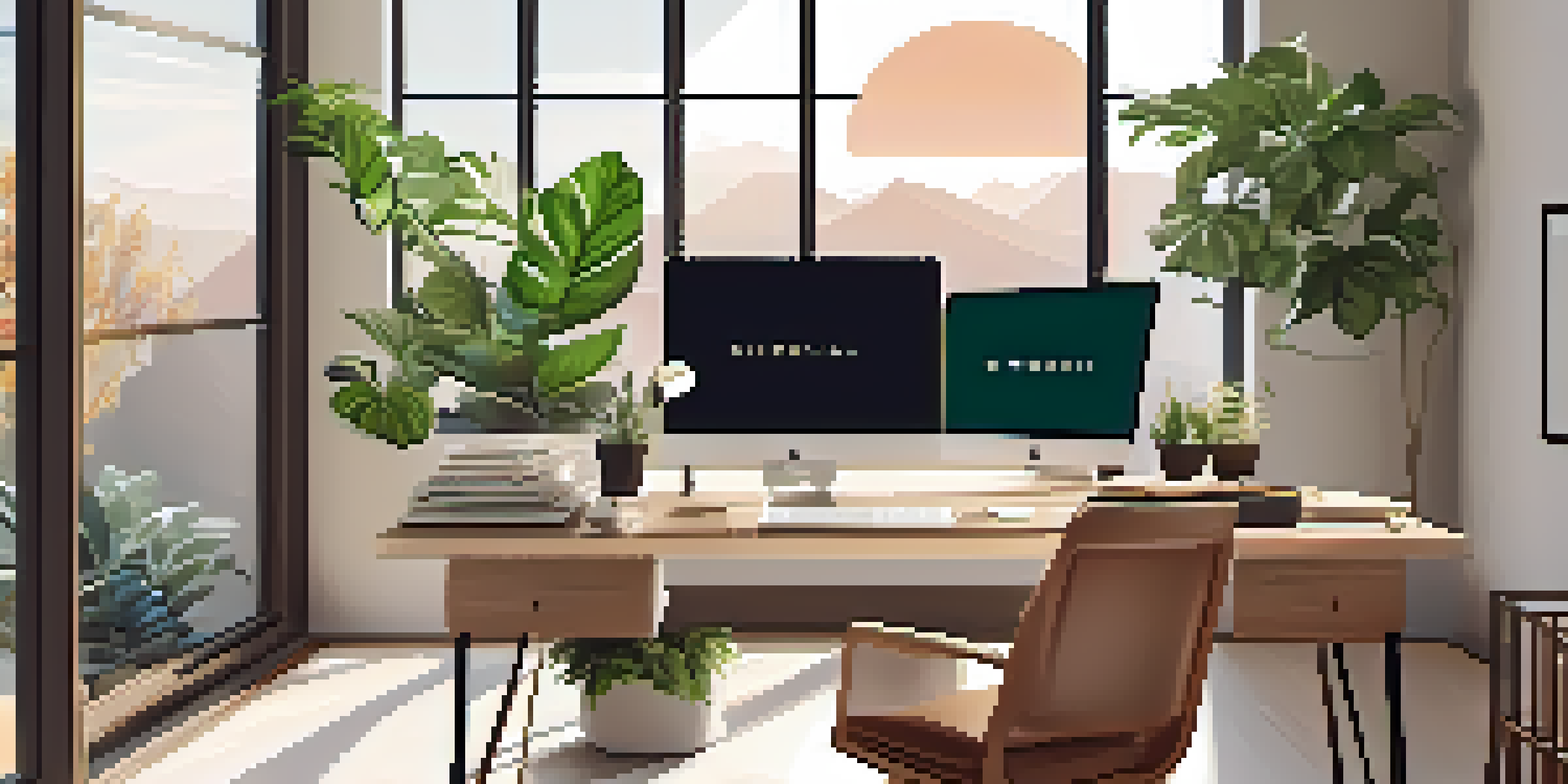 A modern home office with a desk, laptop, and houseplants, illuminated by natural light from a window.