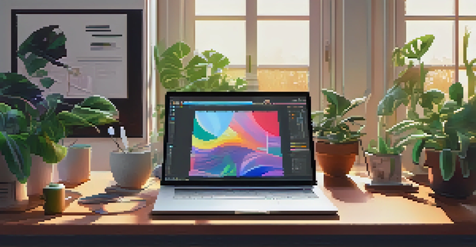 A graphic designer working on a laptop with colorful graphics, surrounded by a plant and sunlight streaming through a window.
