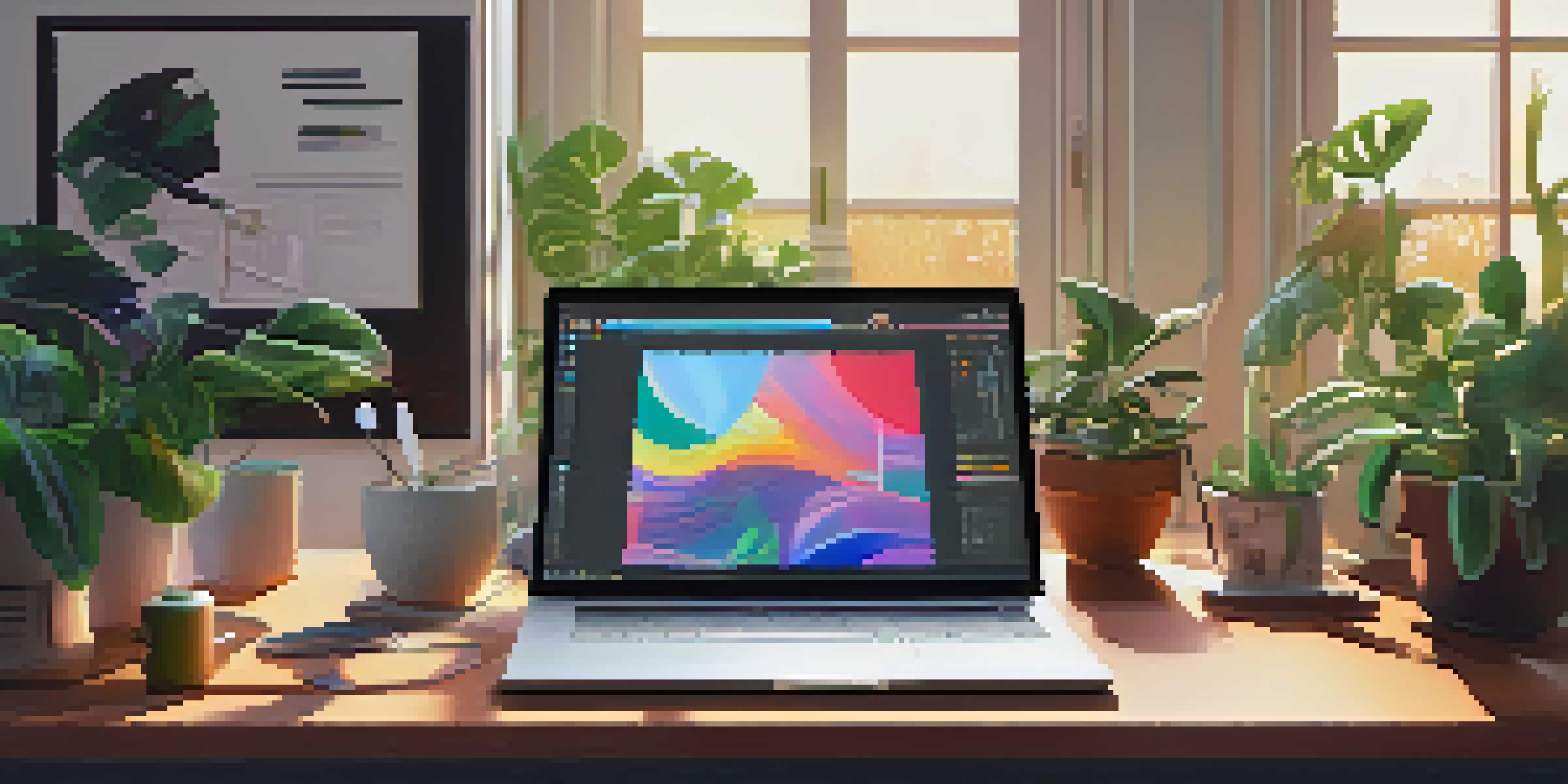 A graphic designer working on a laptop with colorful graphics, surrounded by a plant and sunlight streaming through a window.