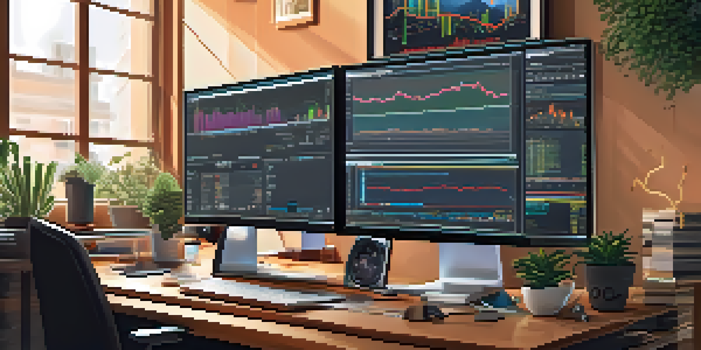A detailed image of a cryptocurrency trading desk with monitors showing Bitcoin price charts and indicators, along with financial reports and a potted plant.