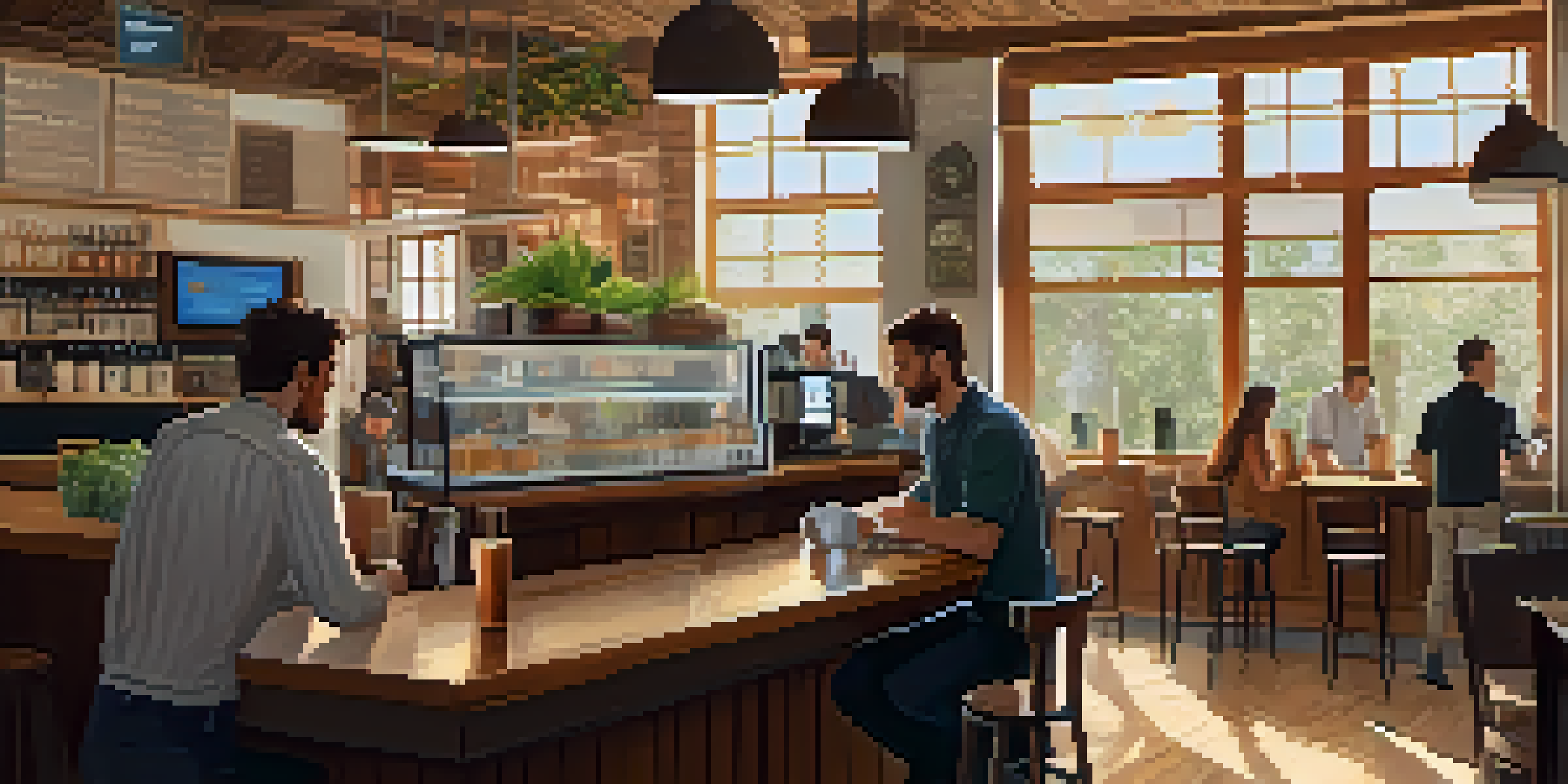 A cozy café filled with customers, a barista serving coffee, and a digital screen showing Bitcoin payment options.
